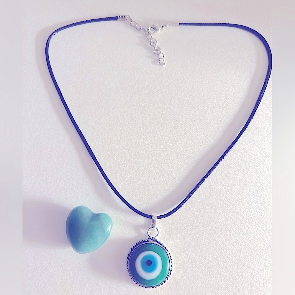 Necklace Evil Eye NWOT Green, blue 1” stone glass pendant, .925 silverplated 18”